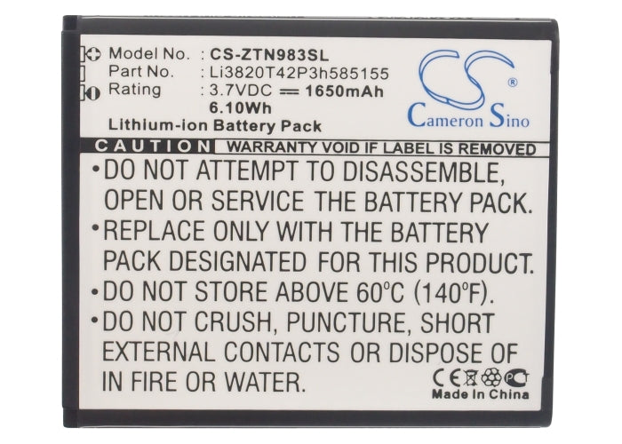 Replacement Battery for ZTE N983 – Mobile, SmartPhone – 1650mAh/6.11Wh / 3.7V