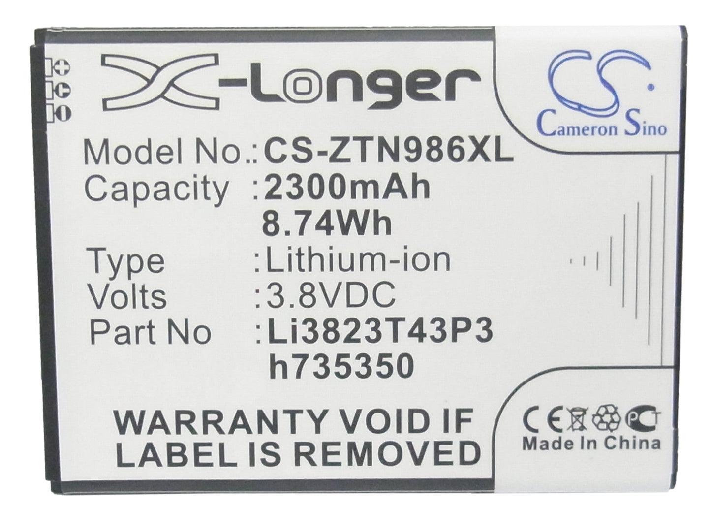 Replacement Battery for ZTE Allstar – Mobile, SmartPhone – 2300mAh / 8.74Wh / 3.8V