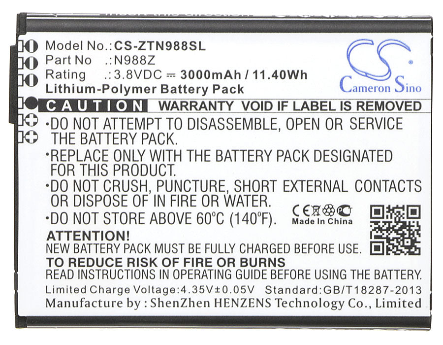 Replacement Battery for ZTE N988Z – Mobile, SmartPhone – 3000mAh / 11.40Wh / 3.8V