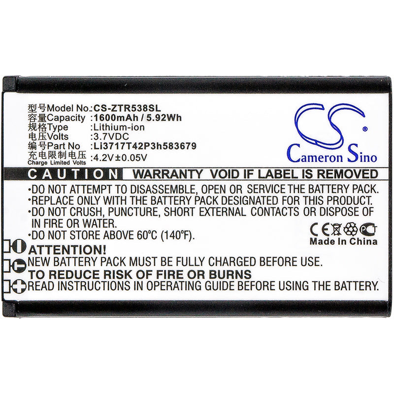 Replacement Battery for ZTE R538 – Mobile, SmartPhone – 1600mAh / 5.92Wh / 3.7V