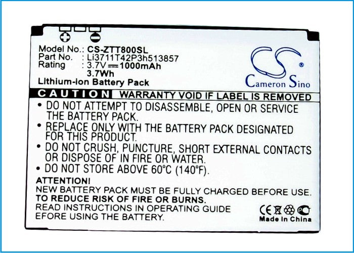 Replacement Battery for ZTE C160 – Mobile, SmartPhone – 1000mAh / 3.7Wh / 3.7V
