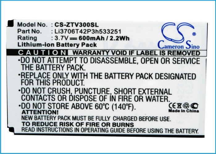 Replacement Battery for ZTE V190 – Mobile, SmartPhone – 600mAh / 3.7V