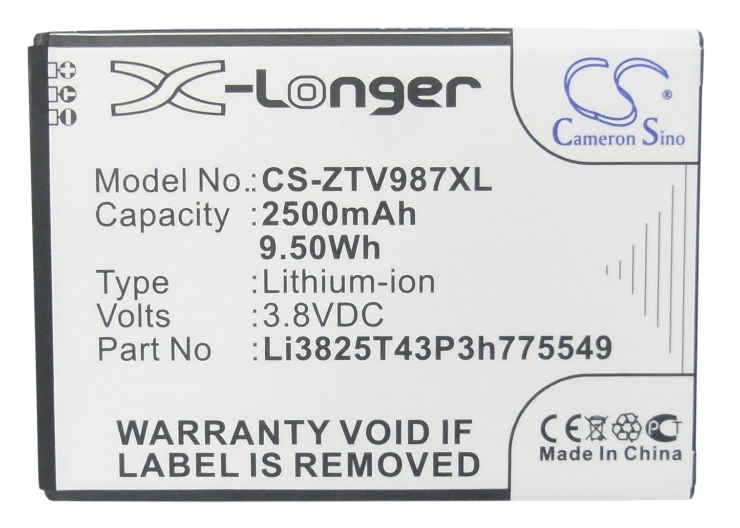 Replacement Battery for ZTE Grand X Quad – Mobile, SmartPhone – 2500mAh / 9.50Wh / 3.8V
