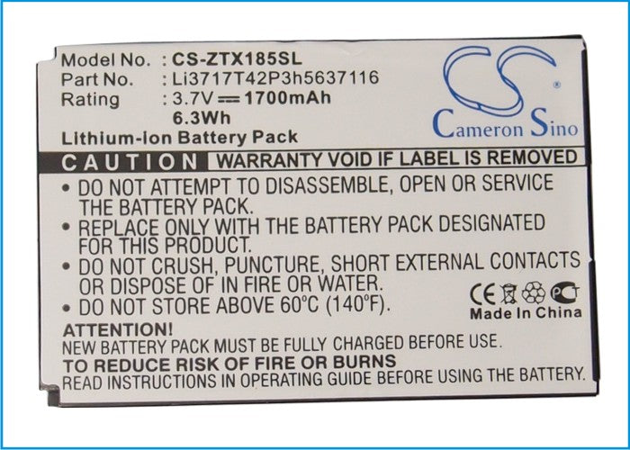 Replacement Battery for ZTE C60 – Mobile, SmartPhone – 1700mAh / 6.3Wh / 3.7V