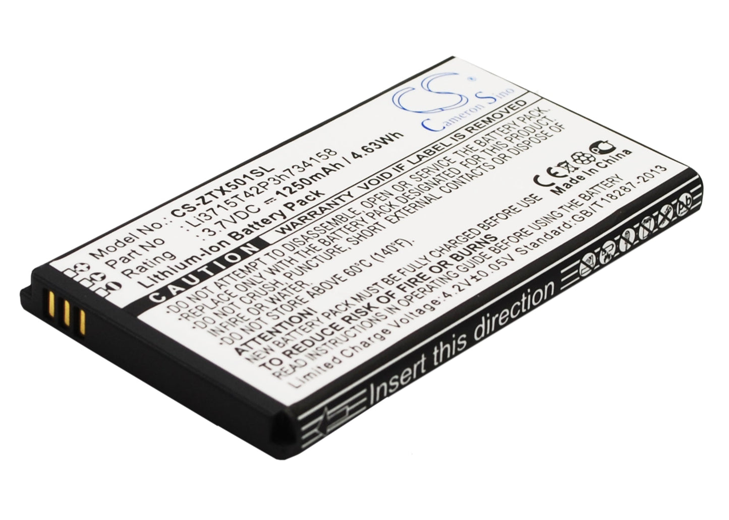 Replacement Battery for ZTE Score M – Mobile, SmartPhone – 1250mAh / 4.63Wh / 3.7V