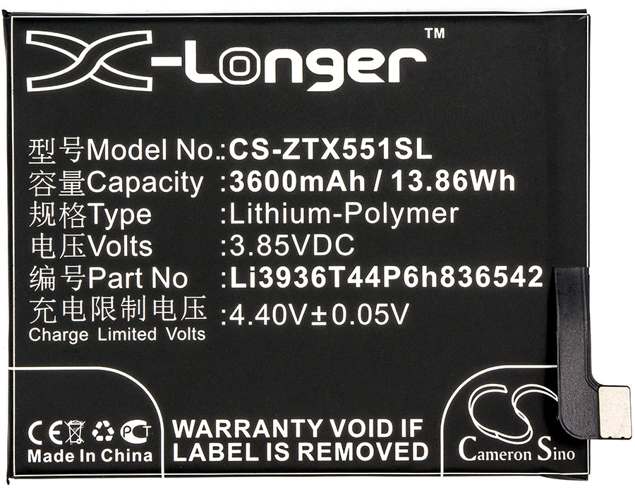 Replacement Battery for ZTE Nubia M2 – Mobile, SmartPhone – 3600mAh / 13.86Wh / 3.85V