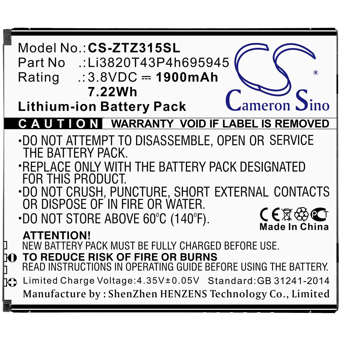 Replacement Battery for ZTE Blade A3 2019 – Mobile, SmartPhone – 1900mAh / 7.22Wh / 3.8V