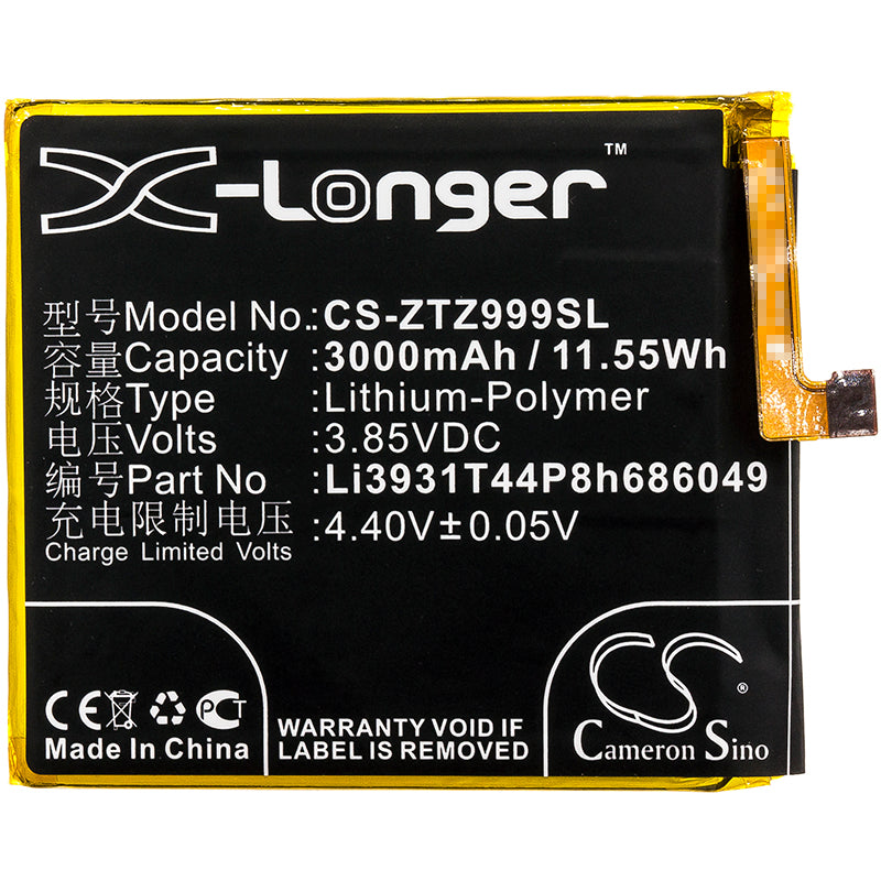 Replacement Battery for ZTE Axon M – Mobile, SmartPhone – 3000mAh / 11.55Wh / 3.85V
