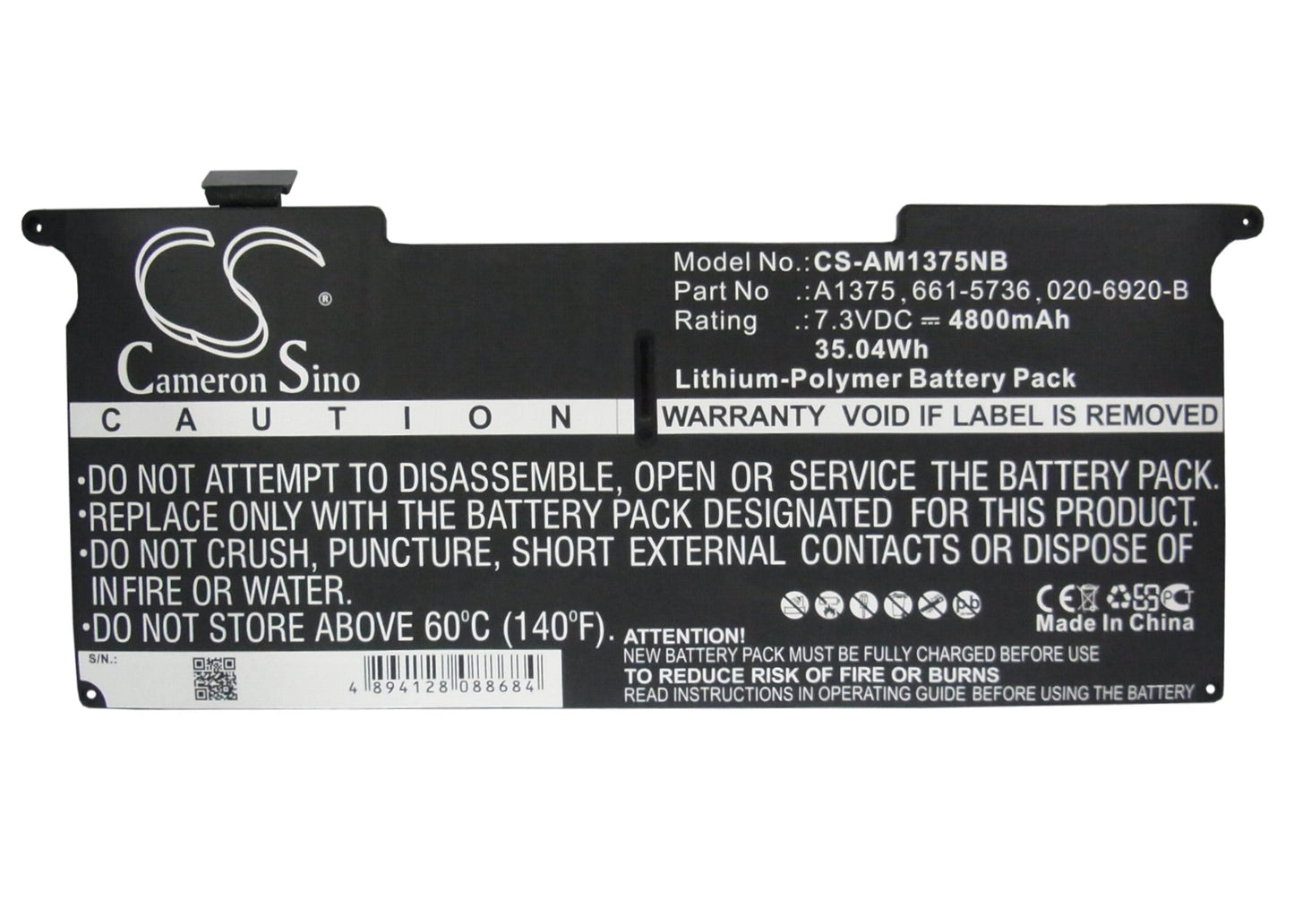 Replacement Battery for Apple  MacBook Air 11" A1370 2010 – Notebook, Laptop – 4800mAh / 35.04Wh / 7.3V