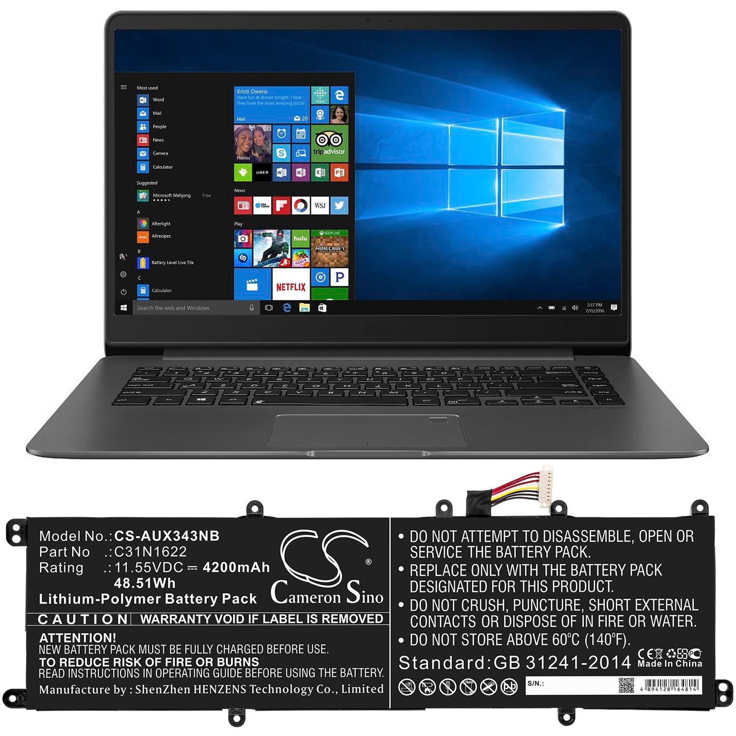 Replacement Battery for Asus  UX530 – Notebook, Laptop – 4200mAh / 48.51Wh / 11.55V