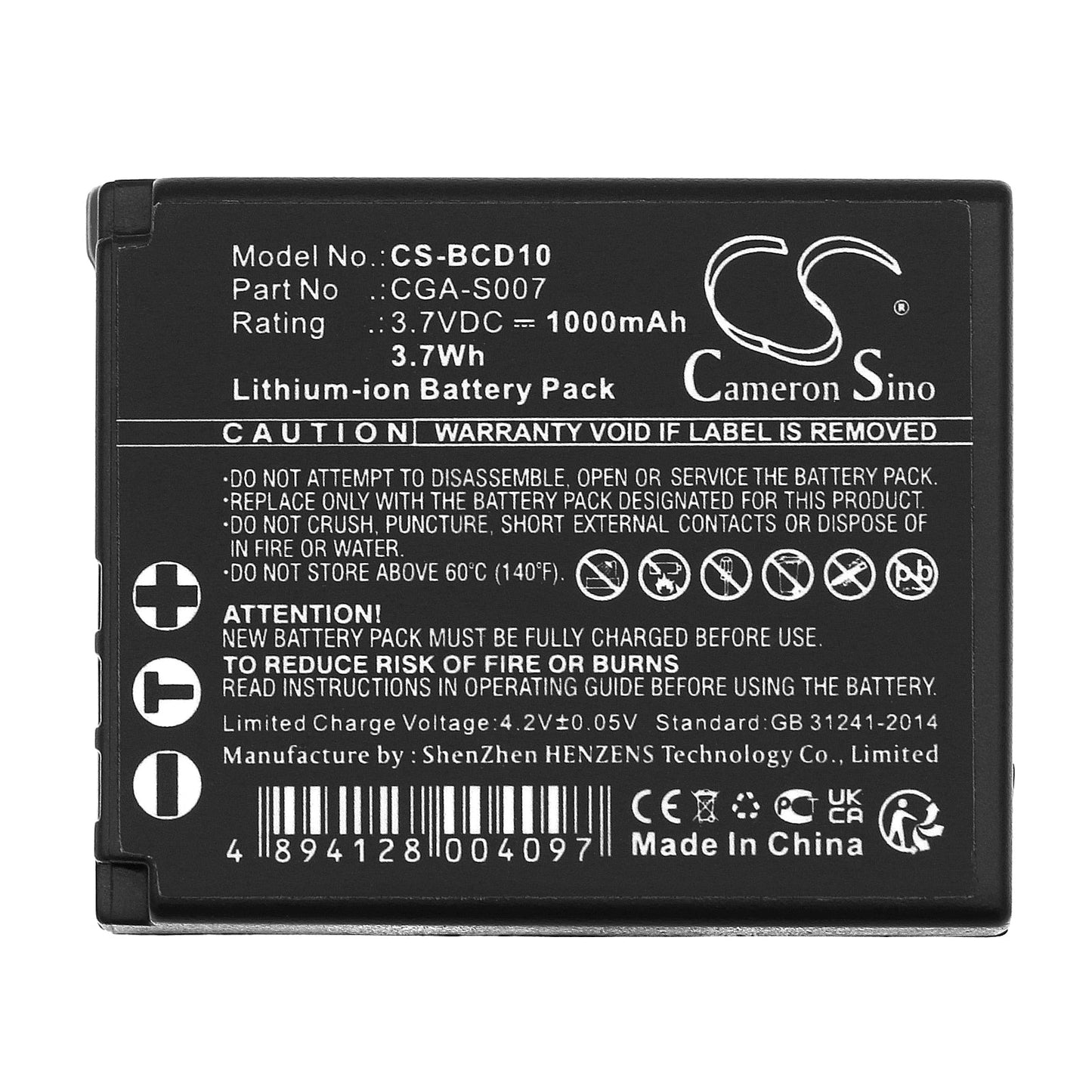 Replacement Battery for Panasonic  Lumix DMC-TZ1 – Camera – 1000mAh / 3.7V