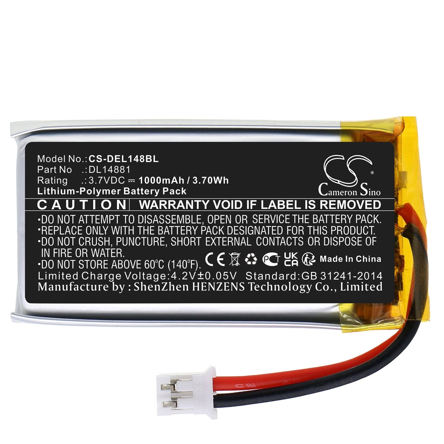 Replacement Battery for Deli  14951w – Barcode Scanner – 1000mAh / 3.70Wh / 3.7V