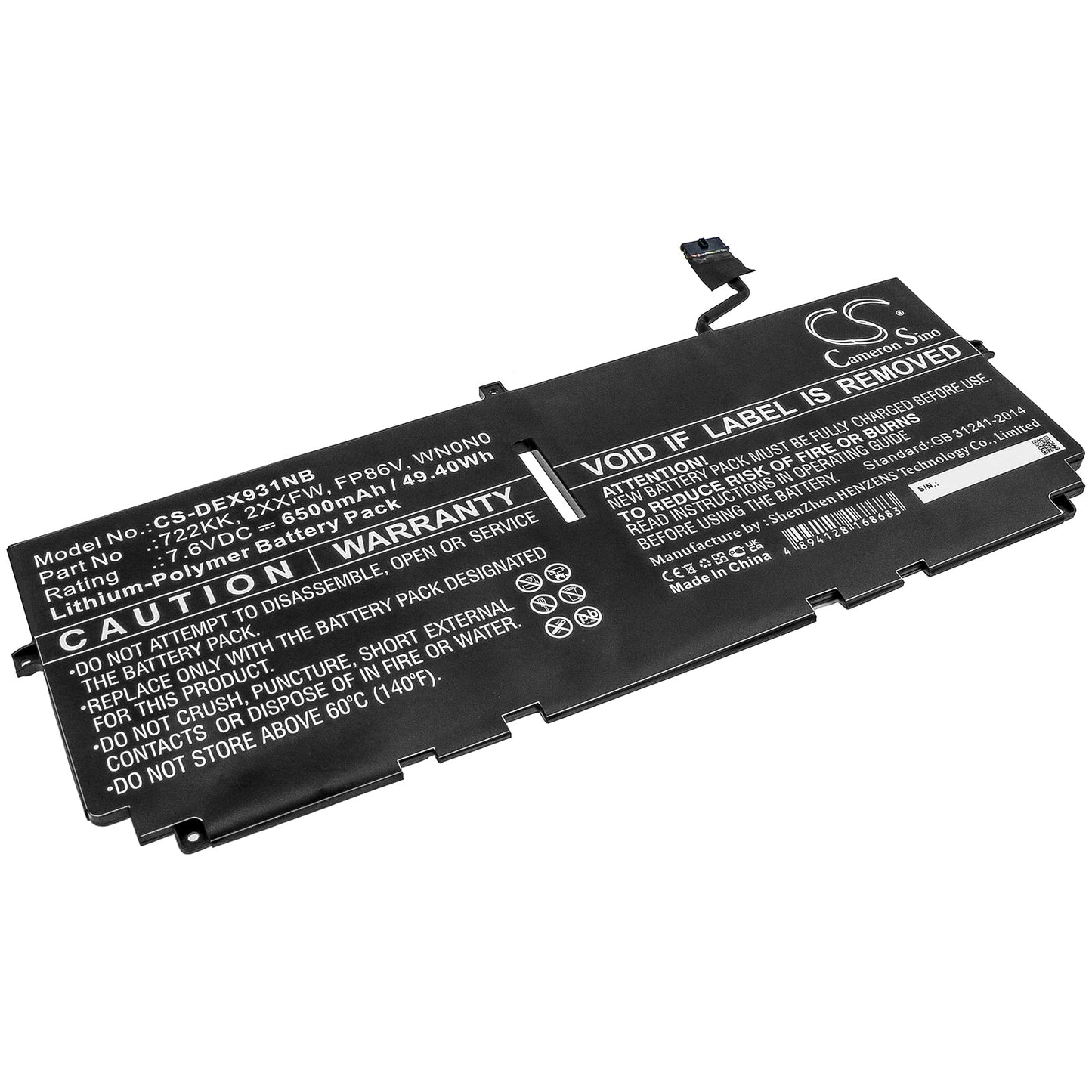 Replacement Battery for DELL  XPS 13 9300 – Notebook, Laptop – 6500mAh / 49.40Wh / 7.6V