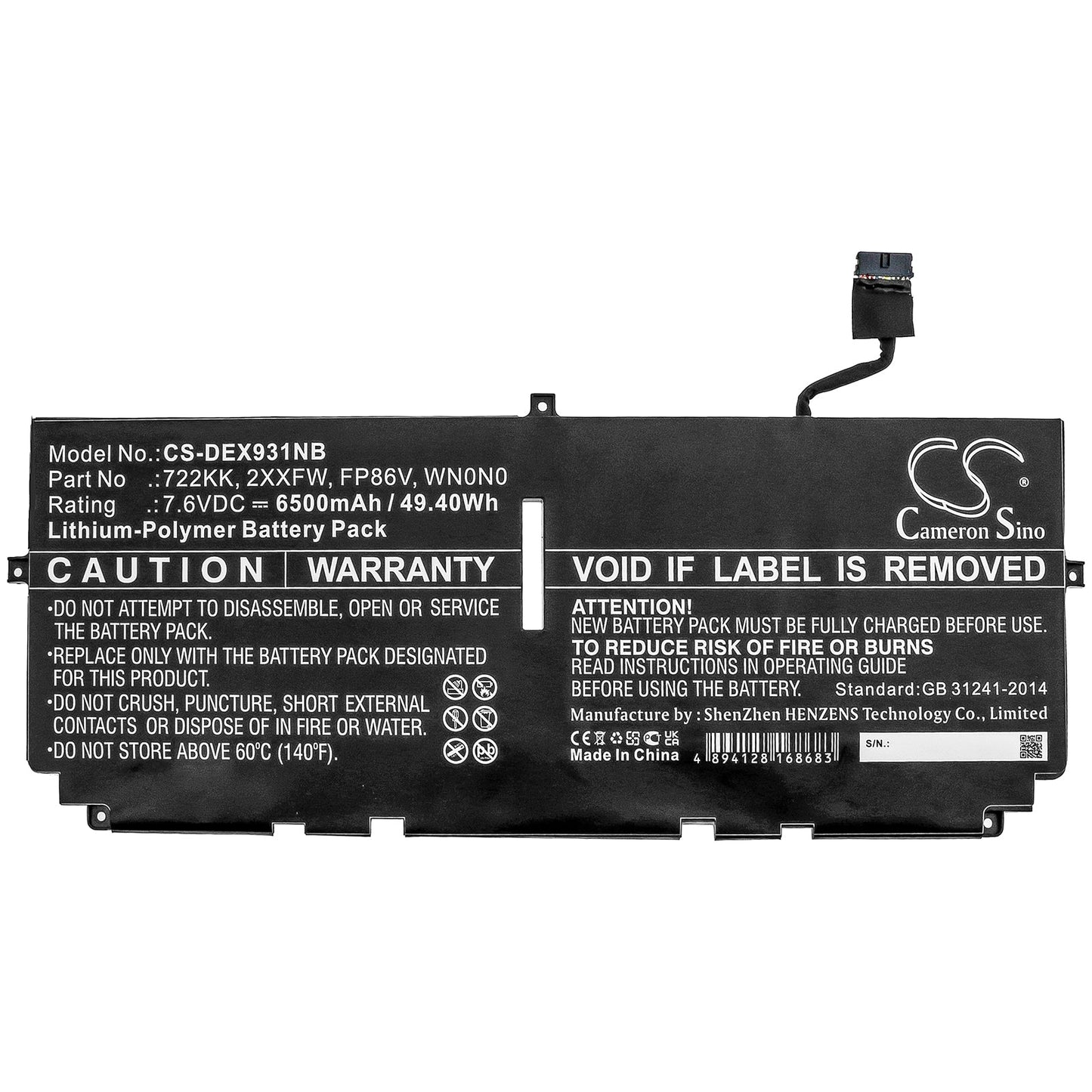 Replacement Battery for DELL  XPS 13 9300 – Notebook, Laptop – 6500mAh / 49.40Wh / 7.6V