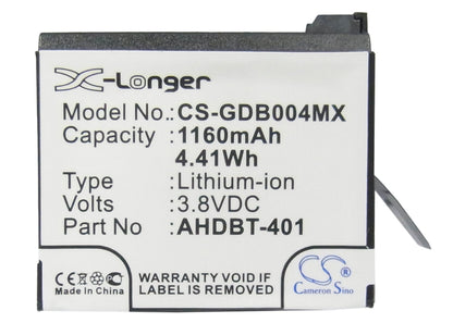 Replacement Battery for Gopro  Hero 4 – Camera – 1160mAh / 4.41Wh / 3.8V