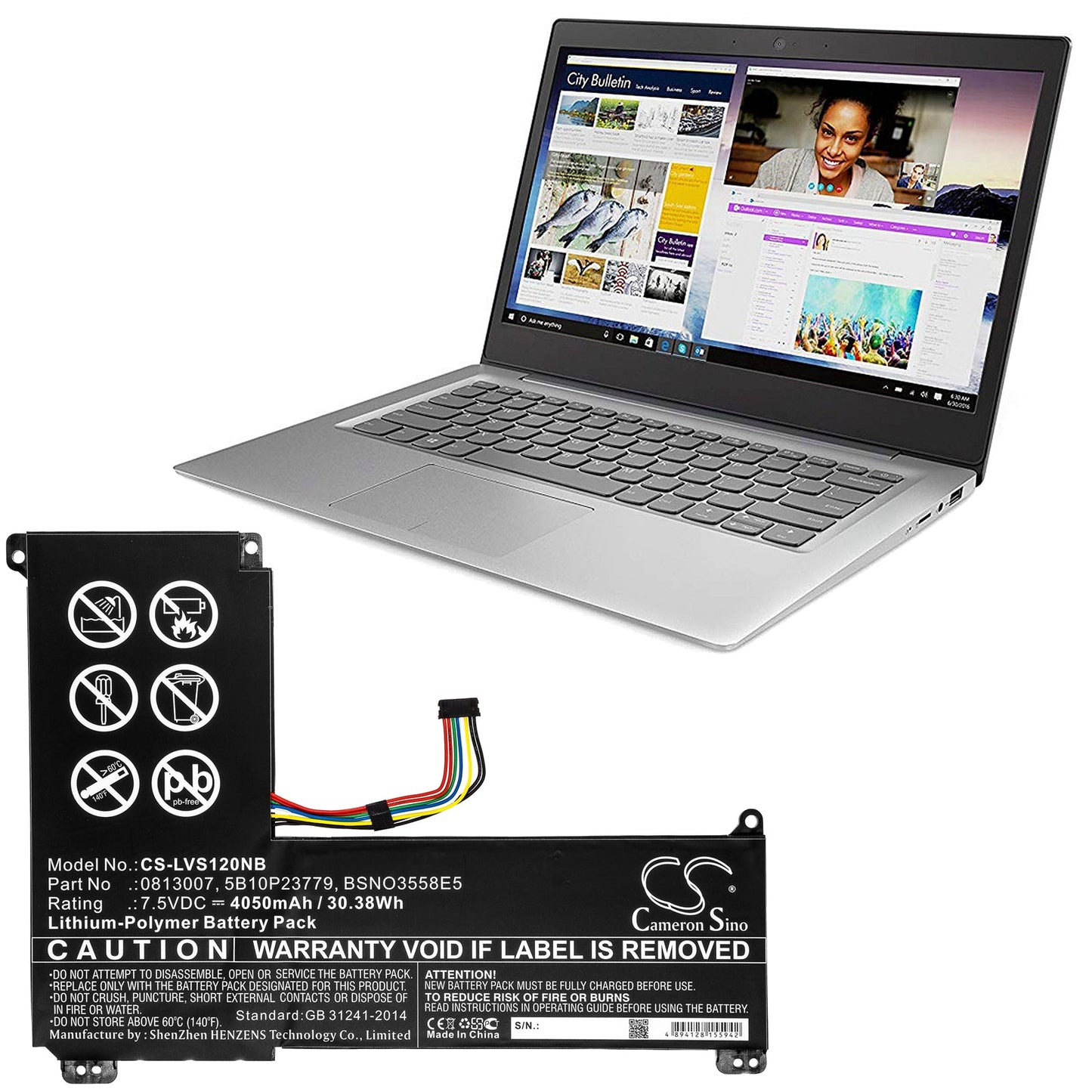 Replacement Battery for Lenovo  Ideapad 120S-14 – Notebook, Laptop – 4050mAh / 30.38Wh / 7.5V