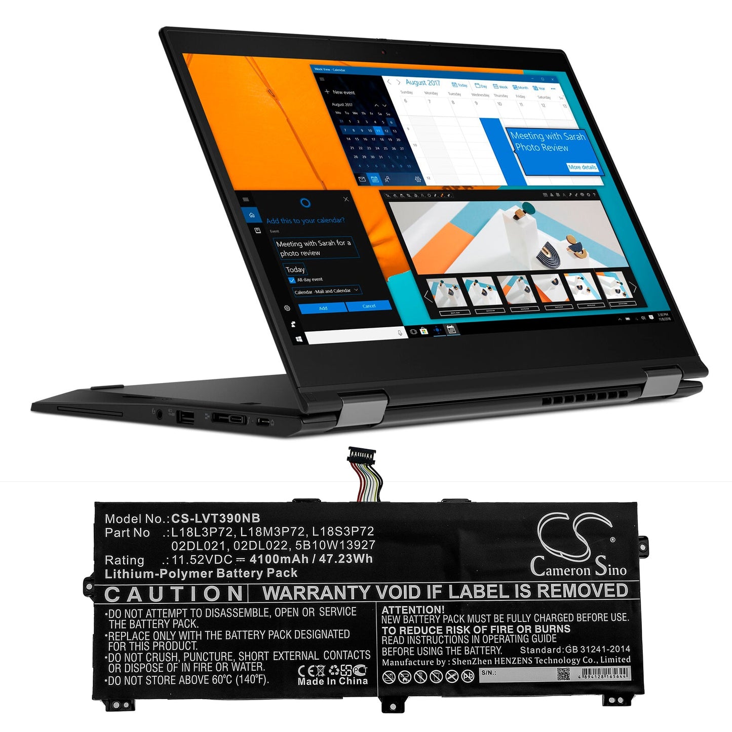 Replacement Battery for Lenovo  ThinkPad X390 Yoga – Notebook, Laptop – 4100mAh / 47.23Wh / 11.52V