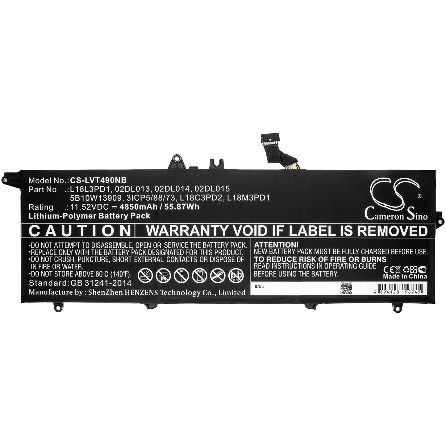 Replacement Battery for Lenovo  T490s 20NX001FCD – Notebook, Laptop – 4850mAh / 55.87Wh / 11.52V
