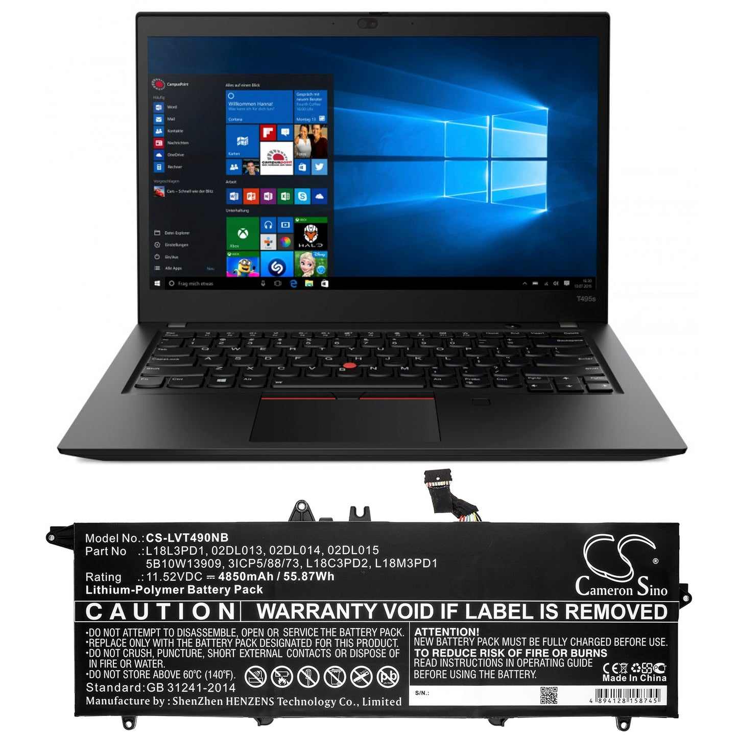 Replacement Battery for Lenovo  T490s 20NX001FCD – Notebook, Laptop – 4850mAh / 55.87Wh / 11.52V