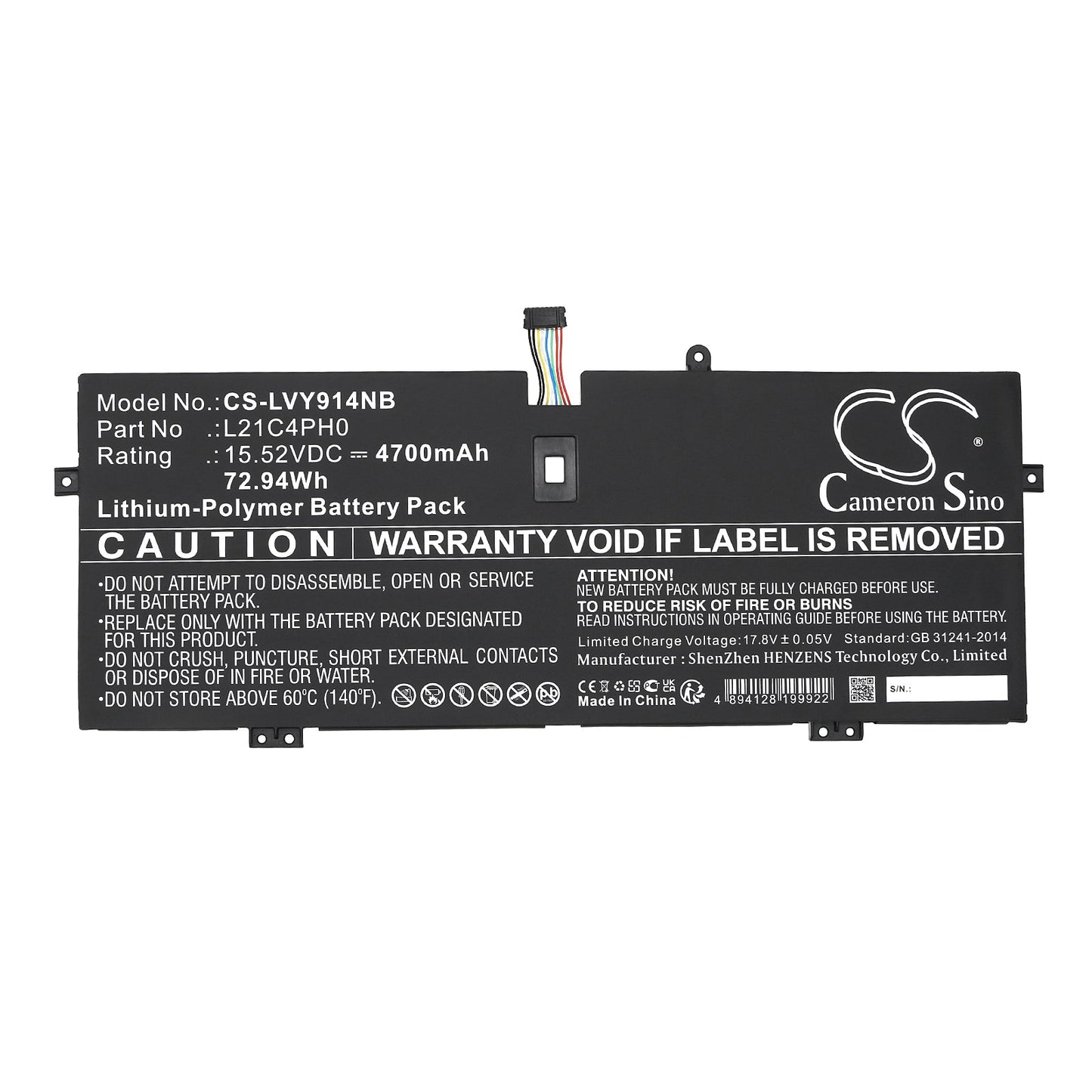 Replacement Battery for Lenovo  82LU0005SB – Notebook, Laptop – 4700mAh / 72.94Wh / 15.52V