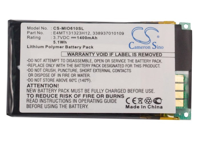 Replacement Battery for Mitac  Mio H610 – GPS, Navigator – 1400mAh / 3.7V