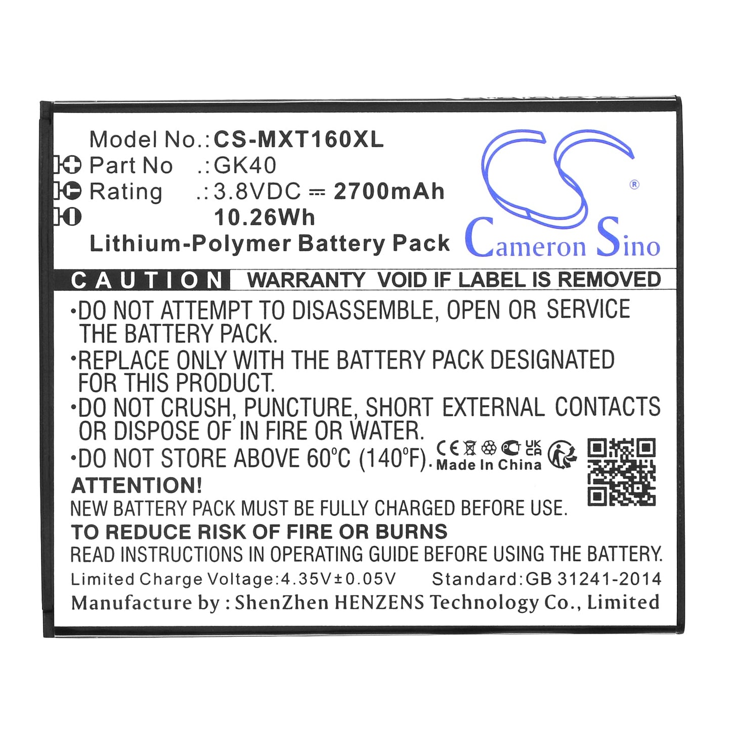 Replacement Battery for Motorola  Cedric – Mobile, SmartPhone – 2700mAh / 10.26Wh / 3.8V
