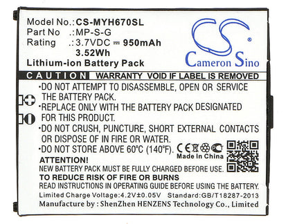 Replacement Battery for Myphone  6670 City – Mobile, SmartPhone – 950mAh / 3.52Wh / 3.7V