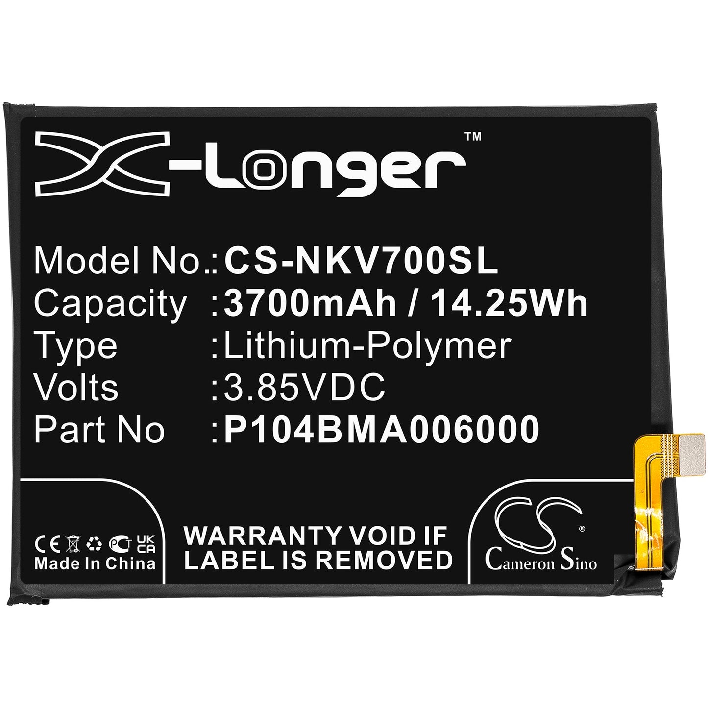 Replacement Battery for Nokia  TA-1322 – Mobile, SmartPhone – 3700mAh / 14.25Wh / 3.85V