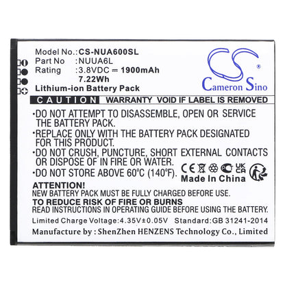 Replacement Battery for NUU  A6L – Mobile, SmartPhone – 1900mAh / 7.22Wh / 3.8V