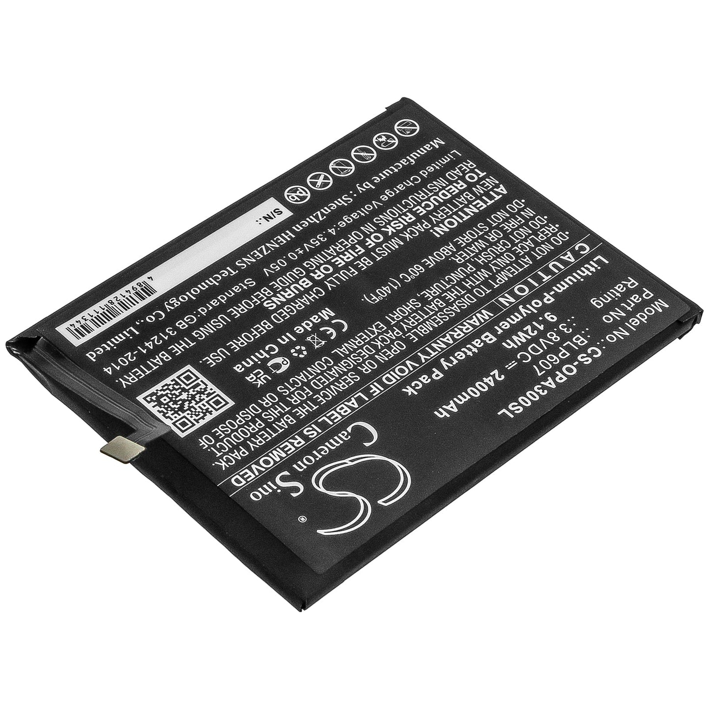 Replacement Battery for OPPO  A30 – Mobile, SmartPhone – 2400mAh / 9.12Wh / 3.8V