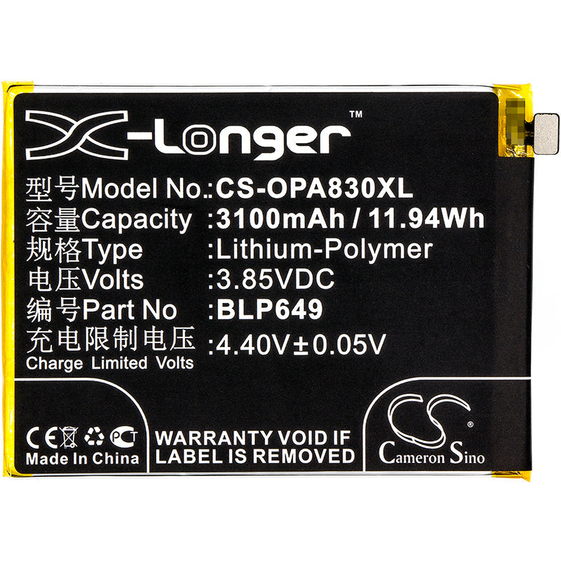 Replacement Battery for OPPO  A1 Dual SIM – Mobile, SmartPhone – 3100mAh / 11.94Wh / 3.85V