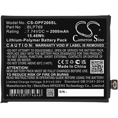 Replacement Battery for OPPO  Find X2 – Mobile, SmartPhone – 2000mAh / 15.48Wh / 7.74V