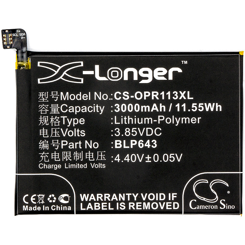 Replacement Battery for OPPO  CPH1719 – Mobile, SmartPhone – 3000mAh / 11.55Wh / 3.85V