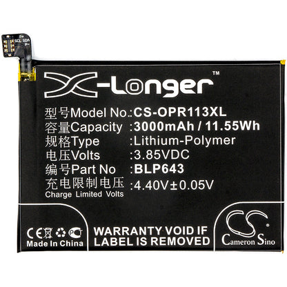 Replacement Battery for OPPO  CPH1719 – Mobile, SmartPhone – 3000mAh / 11.55Wh / 3.85V