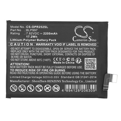 Replacement Battery for OPPO  CPH2525 – Mobile, SmartPhone – 2200mAh / 17.2Wh / 7.82V