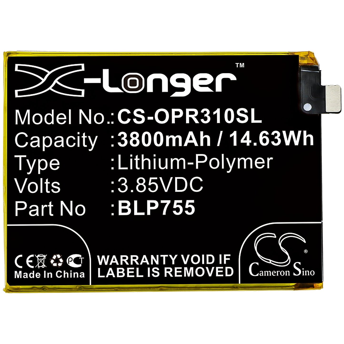 Replacement Battery for OPPO  PCLM50 – Mobile, SmartPhone – 3800mAh / 14.63Wh / 3.85V