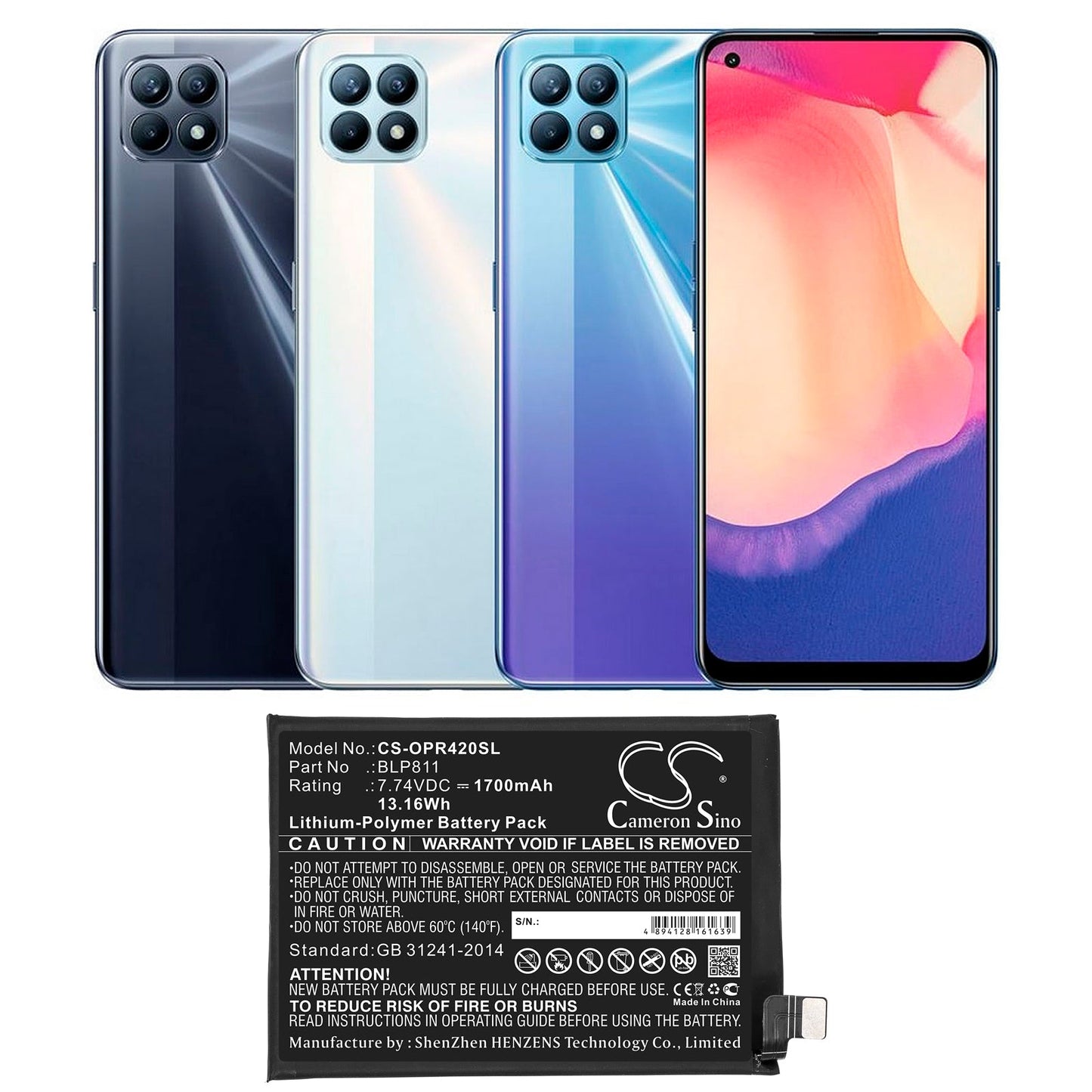 Replacement Battery for OPPO  Reno4 SE – Mobile, SmartPhone – 1700mAh / 13.16Wh / 7.74V