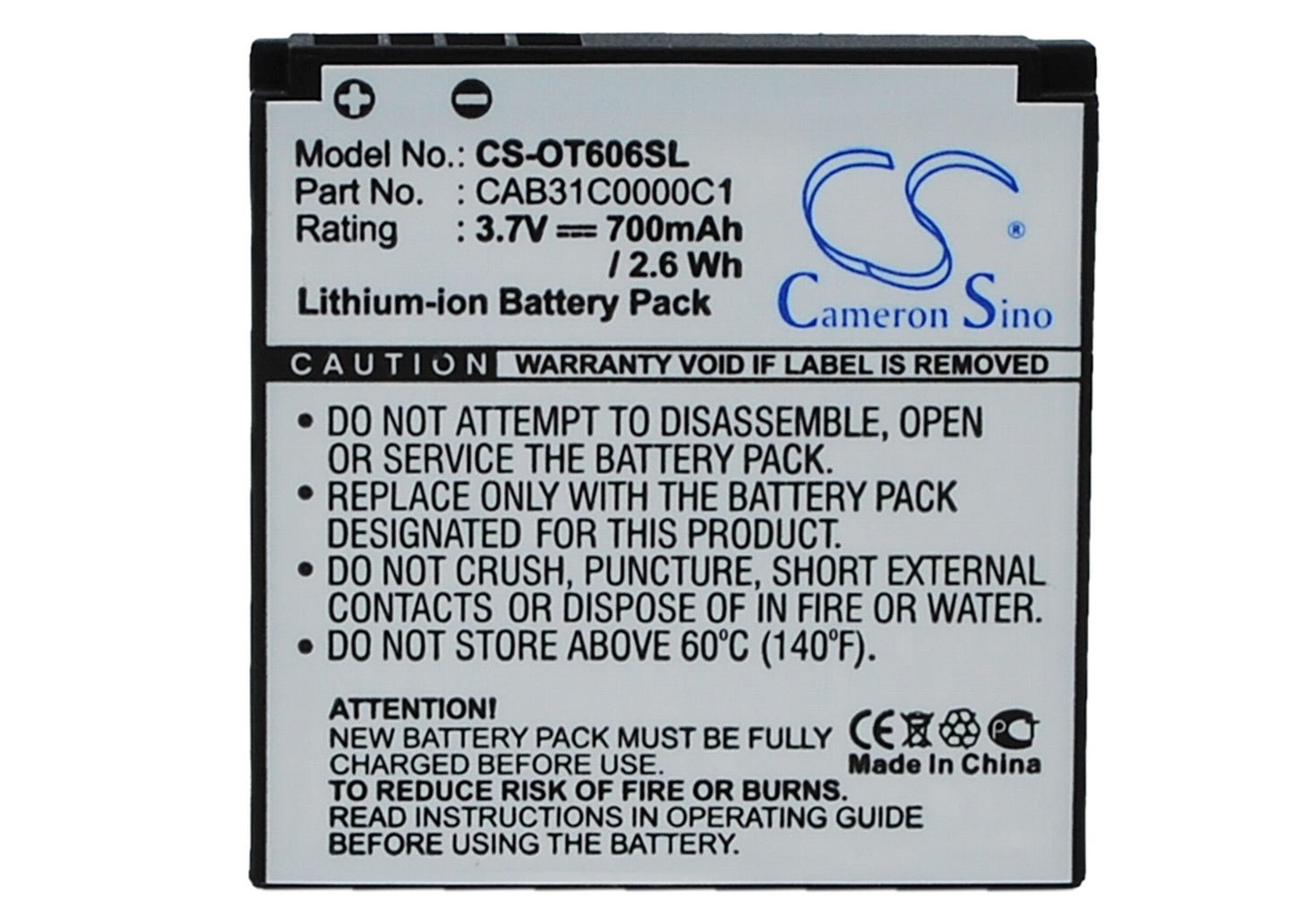 Replacement Battery for Alcatel  OT-606 – Mobile, SmartPhone – 700mAh / 3.7V