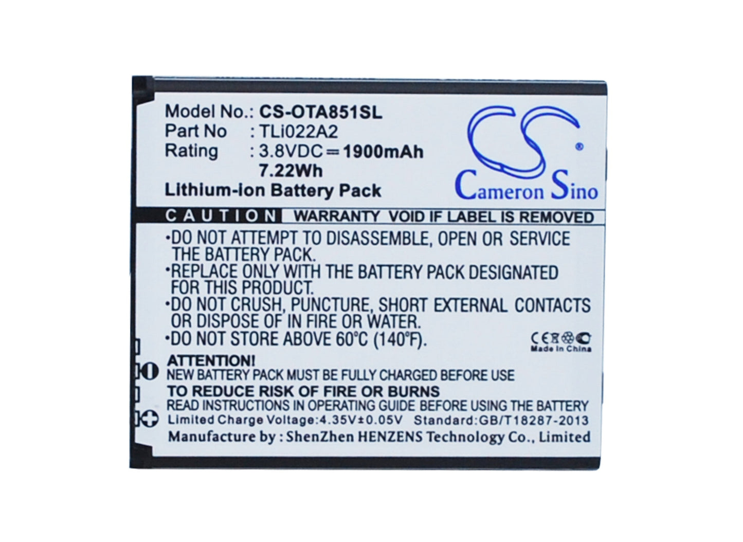 Replacement Battery for Alcatel  One Touch Sonic – Mobile, SmartPhone – 1900mAh / 7.22Wh / 3.8V