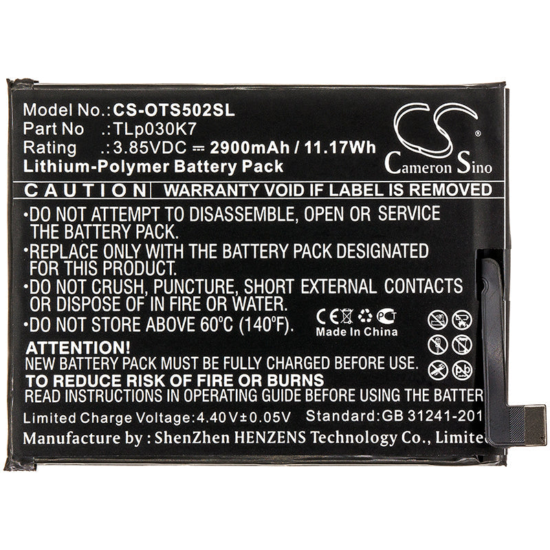 Replacement Battery for Alcatel  1S – Mobile, SmartPhone – 2900mAh / 11.17Wh / 3.85V
