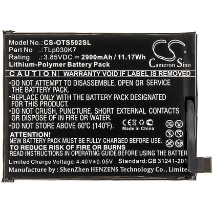 Replacement Battery for Alcatel  1S – Mobile, SmartPhone – 2900mAh / 11.17Wh / 3.85V