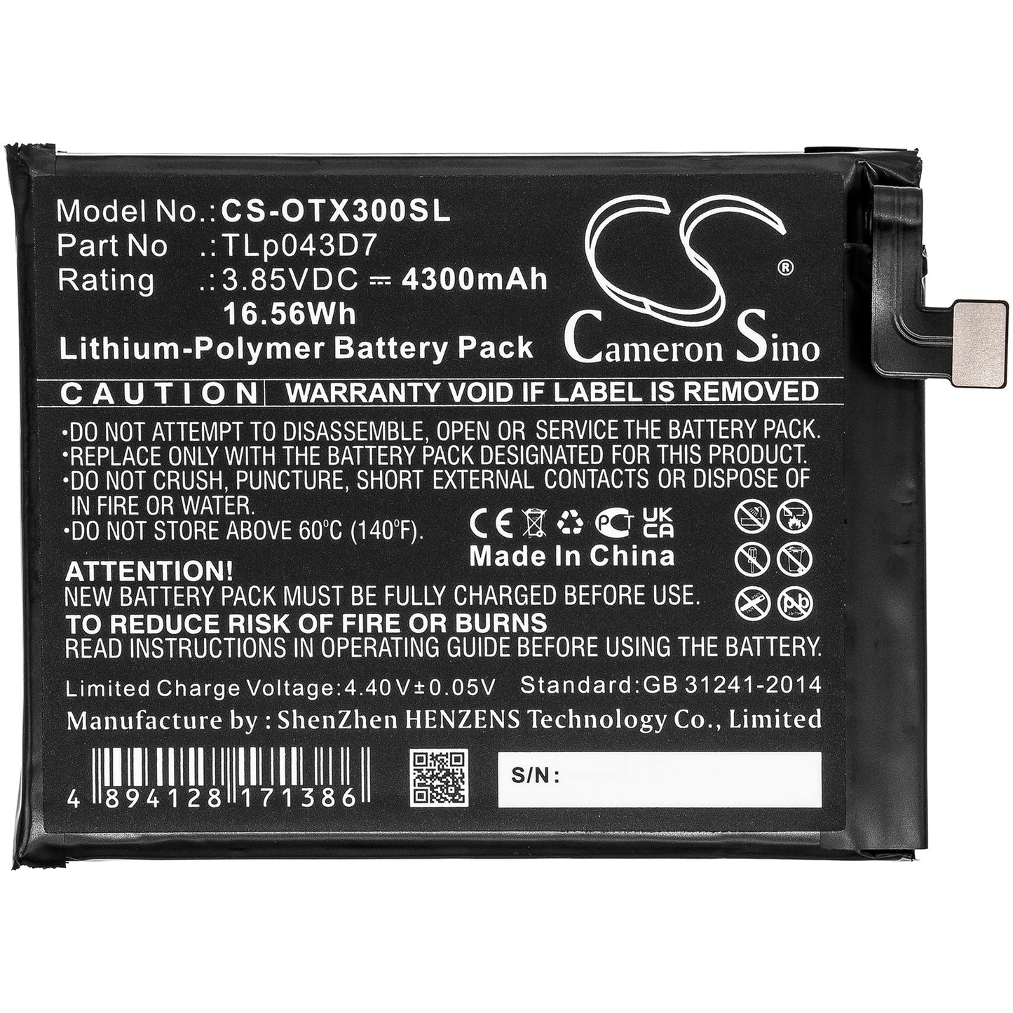 Replacement Battery for Alcatel  3X – Mobile, SmartPhone – 4300mAh / 16.56Wh / 3.85V