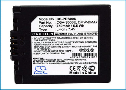 Replacement Battery for Panasonic  Lumix DMC-FZ18 – Camera – 750mAh / 5.55Wh / 7.4V