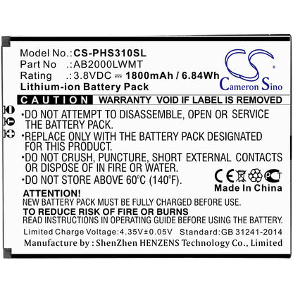 Replacement Battery for Philips  Xenium CTS310X – Mobile, SmartPhone – 1800mAh / 6.84Wh / 3.8V