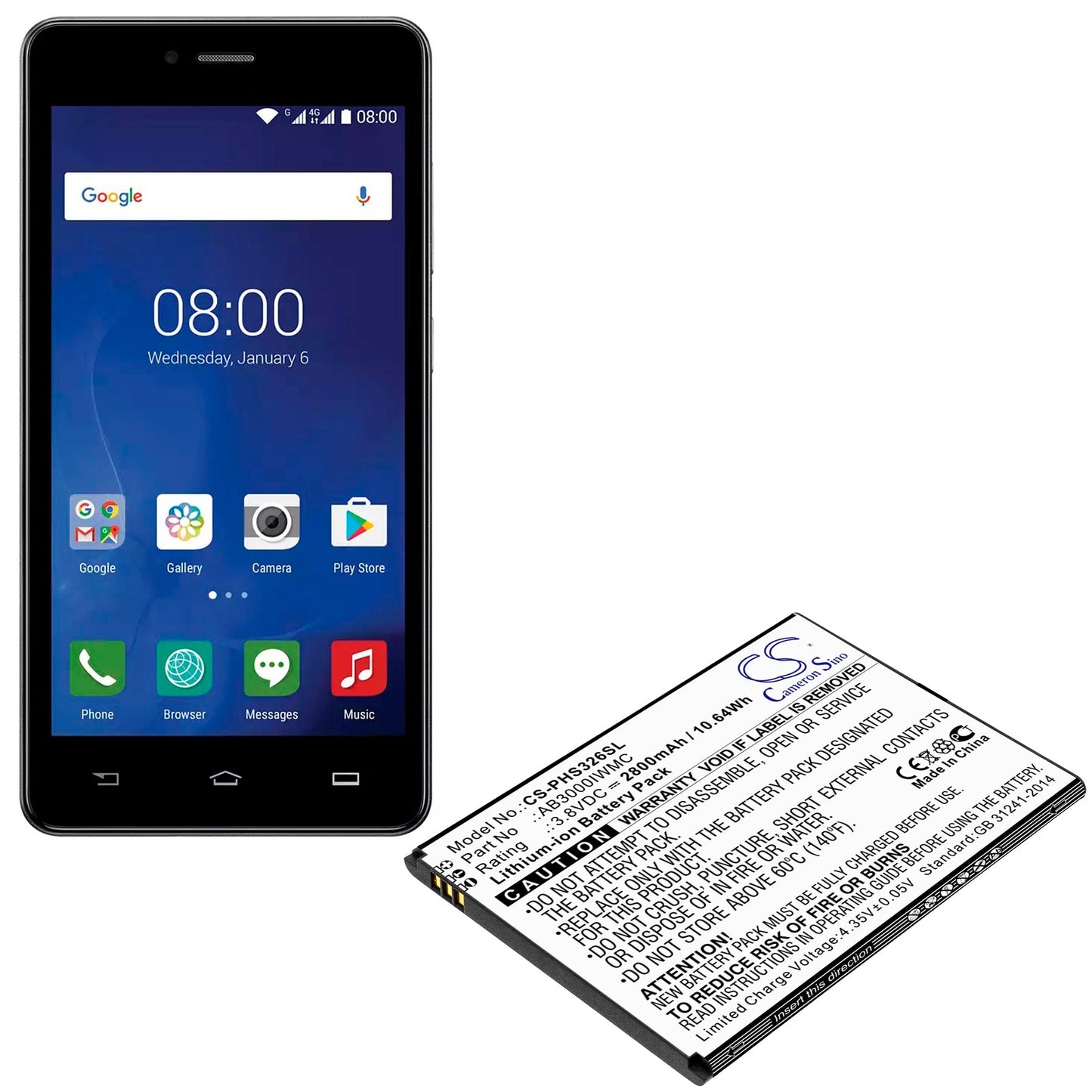 Replacement Battery for Philips  CTS326 – Mobile, SmartPhone – 2800mAh / 10.64Wh / 3.8V