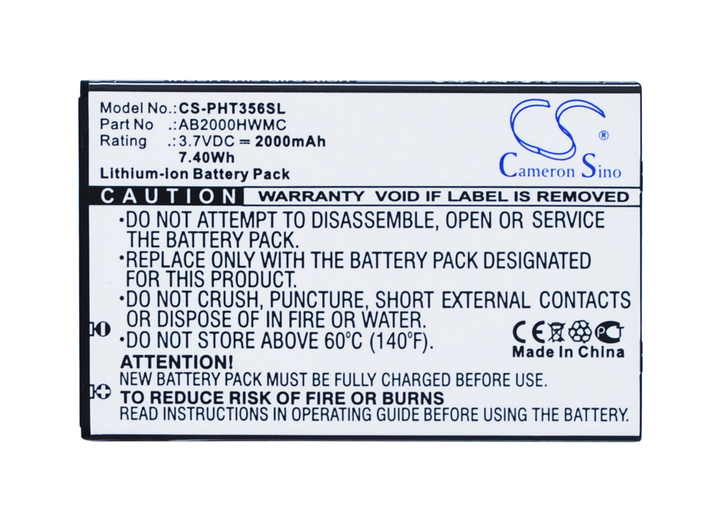 Replacement Battery for Philips  CTW3568 – Mobile, SmartPhone – 2000mAh / 7.40Wh / 3.7V