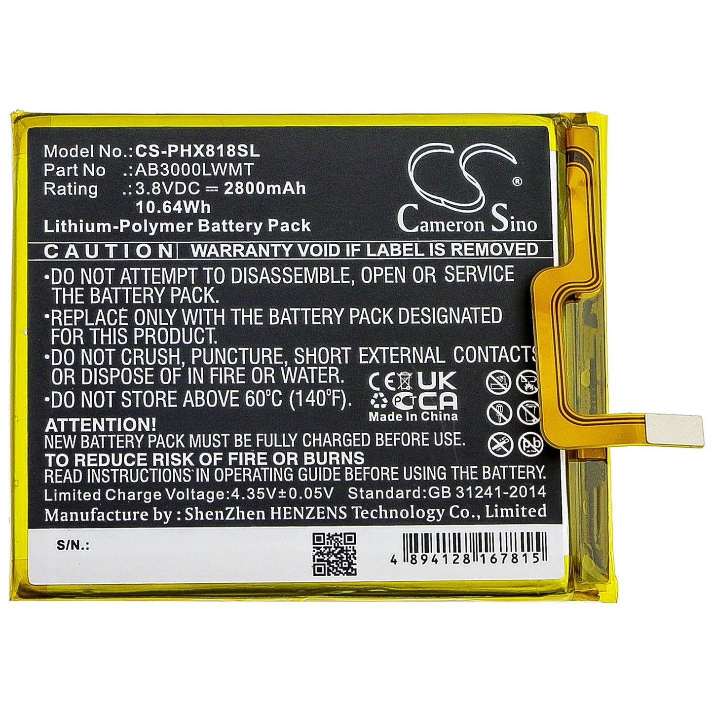 Replacement Battery for Philips  Xenium X818 – Mobile, SmartPhone – 2800mAh / 10.64Wh / 3.8V