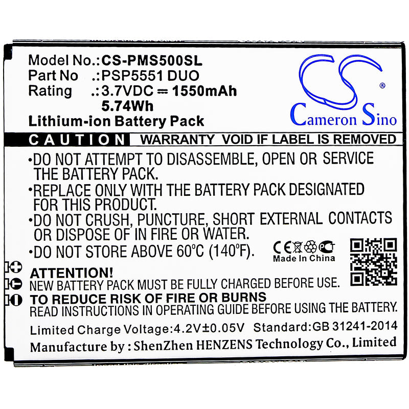 Replacement Battery for Prestigio  Grace S5 – Mobile, SmartPhone – 1550mAh / 5.74Wh / 3.7V
