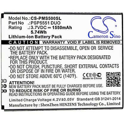 Replacement Battery for Prestigio  Grace S5 – Mobile, SmartPhone – 1550mAh / 5.74Wh / 3.7V