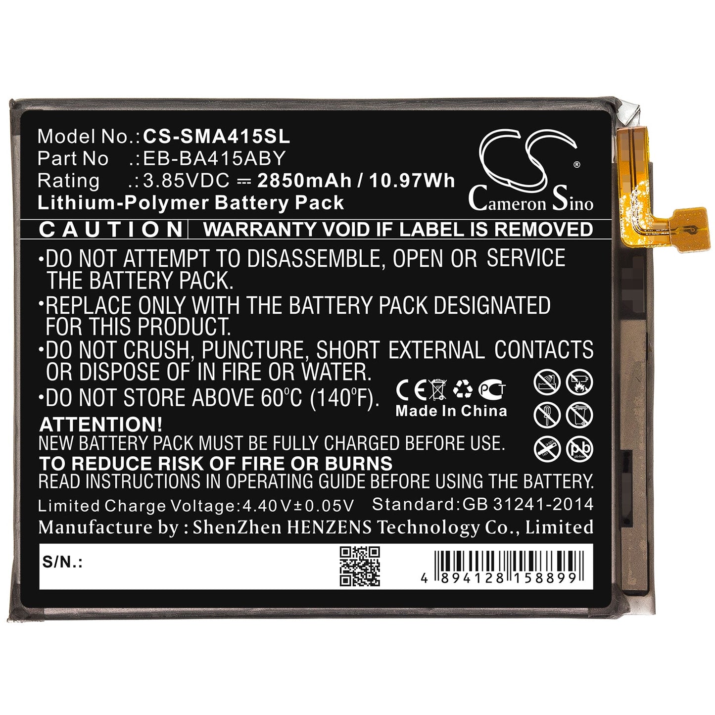 Replacement Battery for Samsung  Galaxy A41 2020 – Mobile, SmartPhone – 2850mAh / 10.97Wh / 3.85V
